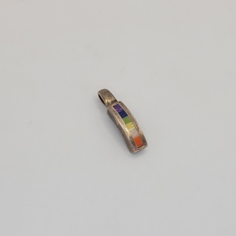 925 Sterling Silver and Multi-Stone Rainbow Curved Bar Pendant